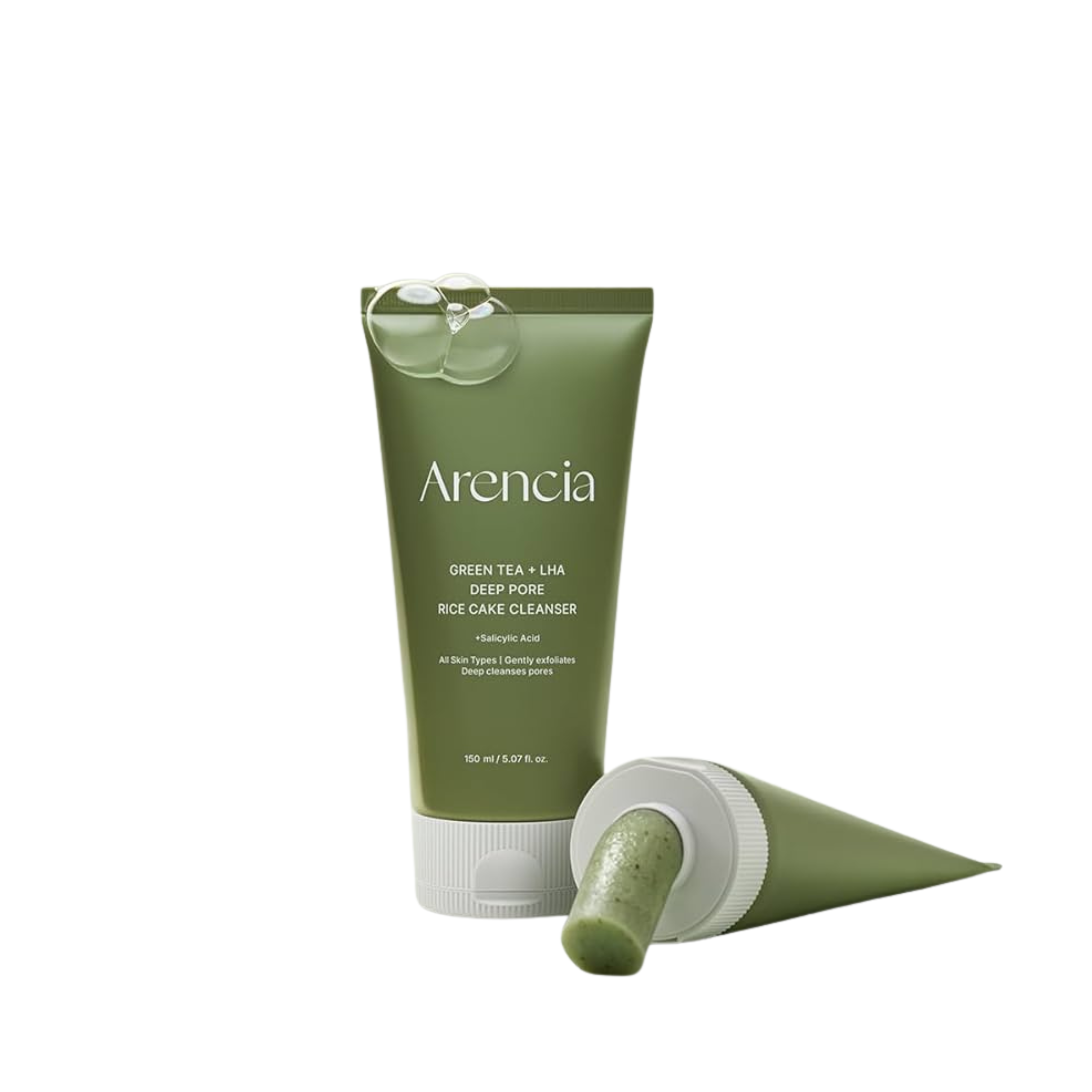 Arencia Green Tea + LHA Deep Pore Rice Cake Cleanser 150ml  ￼منظف ارينسيا “جرين تي + إل إتش إيه” لتنظيف عميق للمسام بخلاصة كعكة الأرز ١٥٠ مل